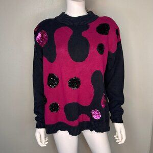 Vintage 1990s Pink and Black Abstract Sweater w/ Sequins, All Points Reference M